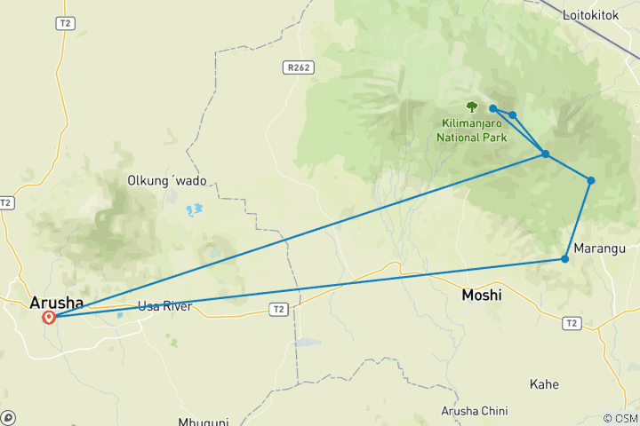 Map of 6 Days 5 Nights Kilimanjaro Trekking Via Marangu Route