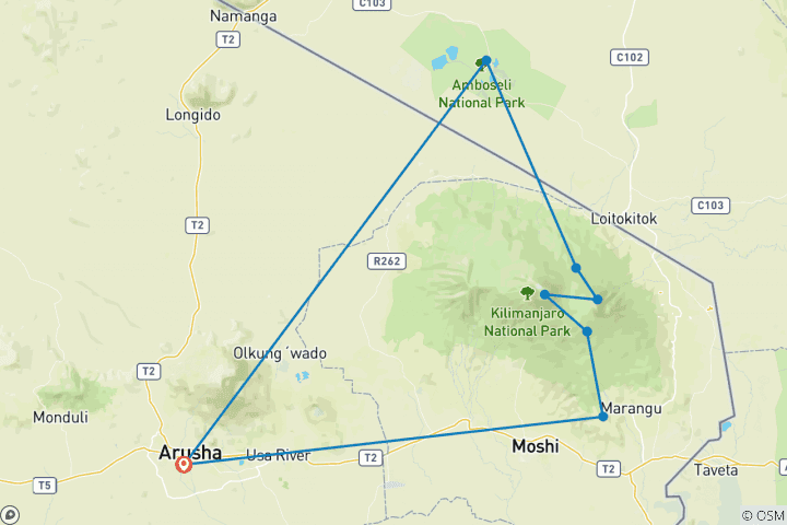 Mapa de 6 días de excursionismo por el Kilimanjaro a través de la ruta Rongai