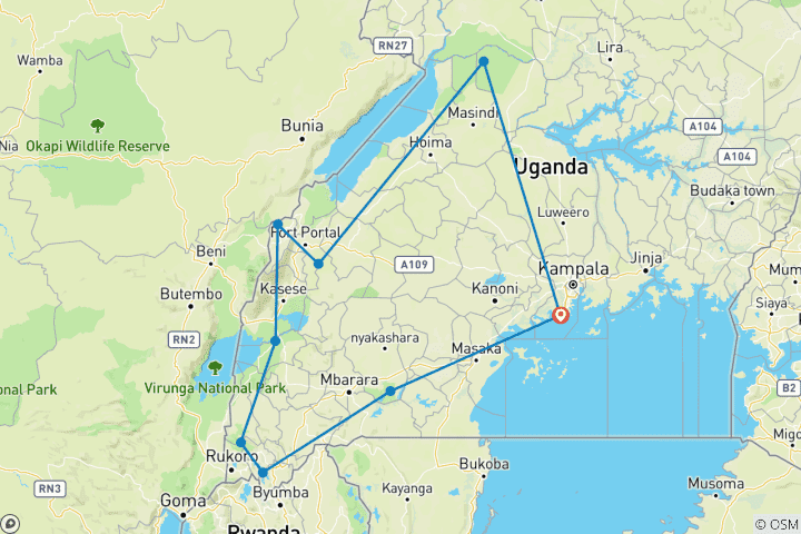 Map of 15 Days Uganda Gorilla and Game safari holiday