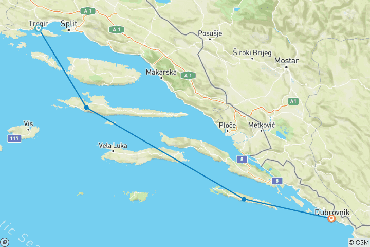 Carte du circuit 4 jours de Split à Dubrovnik, bateau Premier Plus, 30-49 ans