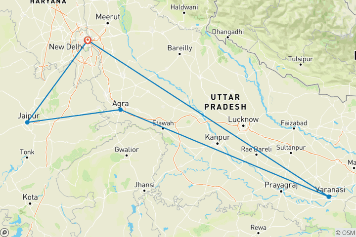 Karte von Goldenes Dreieck mit Varanasi - 4★ Hotels & Luxuszugtickets | Delhi, Agra & Jaipur