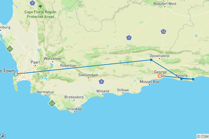 Map of Cape Town to the Garden Route - Chauffeur Drive Tour: 4 Days