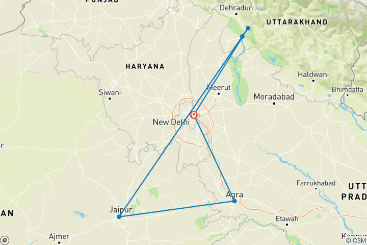 Map of Golden Triangle With Haridwar And Rishikesh Ganga Tour