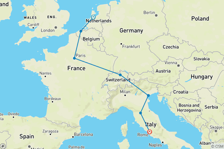 Mapa de Escapada a lo más destacado de Europa - 12 días