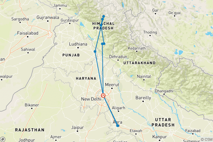 Kaart van Shimla Manali rondreis met Taj Mahal (Ex - Delhi)