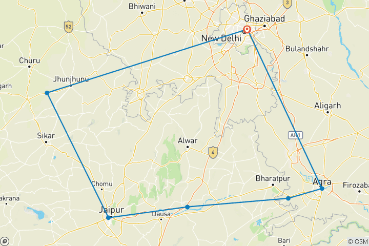 Mapa de Descubrimiento de la India majestuosa: Delhi, Agra, Jaipur y Mandawa