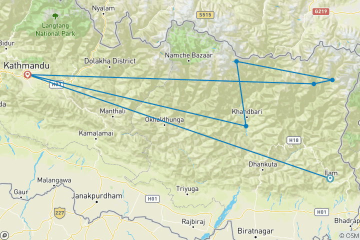 Karte von Kanchenjunga und Makalu Basislager Trekking - 42 Tage