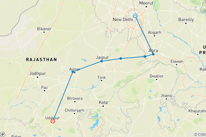 Mapa de Triángulo de oro con Udaipur: un circuito regio