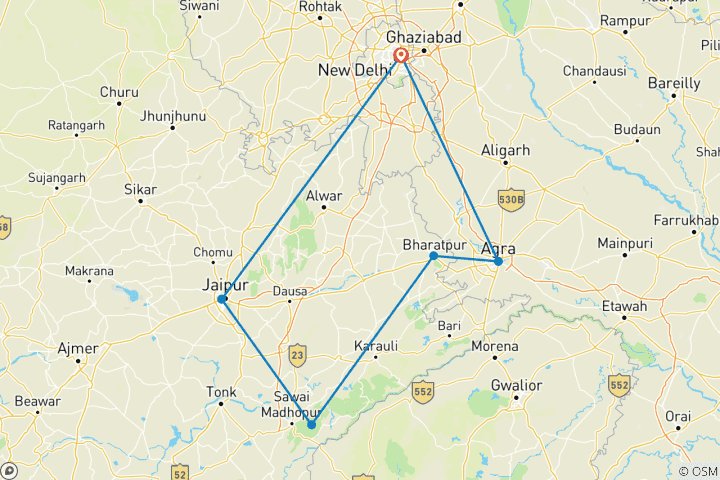 Map of 6 Days Golden Triangle with Ranthambore Safari & Sunrise Taj Mahal