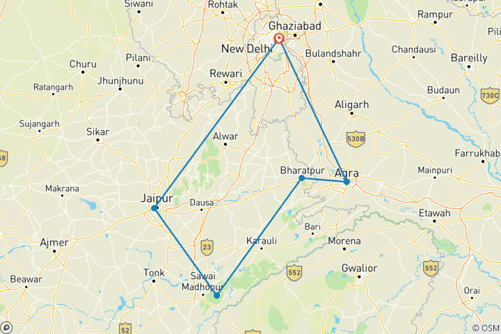 Carte du circuit 6 jours - Triangle d'or avec le sanctuaire de faune et d'oiseaux de Ranthambore - Delhi - Agra - Jaipur - Ranthambore - Delhi