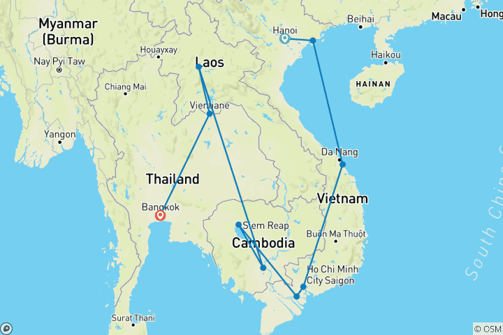 Map of Indochina Tour with Bangkok Extension 21 Days