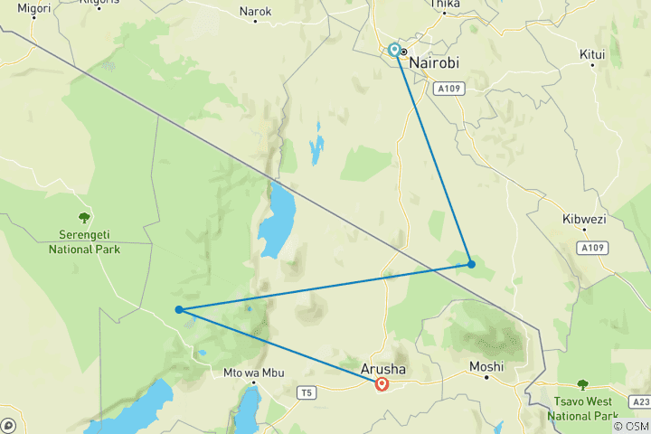 Map of 5 Day Ultimate Amboseli Ngorongoro Safari