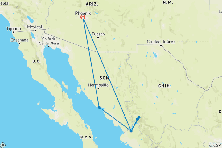 Karte von Phoenix AZ & Copper Canyon Mexiko mit dem Zug