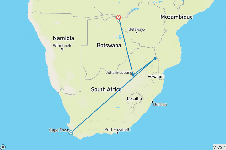 Map of Southern Africa Family Journey: In Search of the Big Five