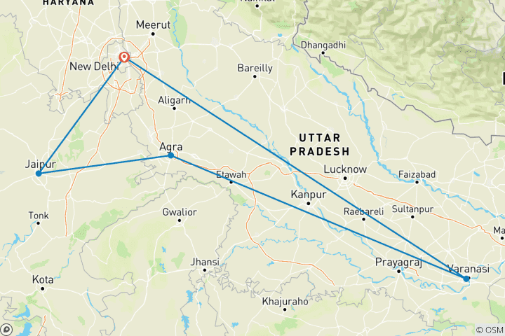 Kaart van Rondreis door de majestueuze Gouden Driehoek & Varanasi - beroemde religieuze plaats - all-inclusive