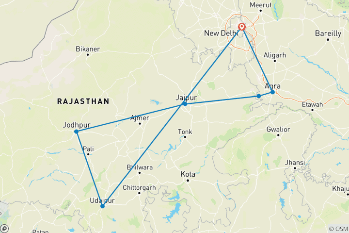 Kaart van Fabelachtig koninklijk gevoel - Gouden Driehoek-rondreis - incl. Jodhpur & Udaipur - all-inclusive
