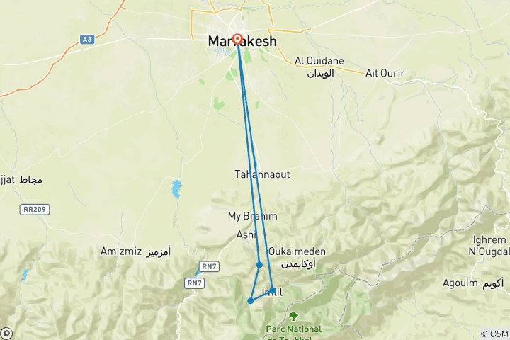 Mapa de Excursión a los pueblos bereberes y travesía de montaña 4 días y 3 noches