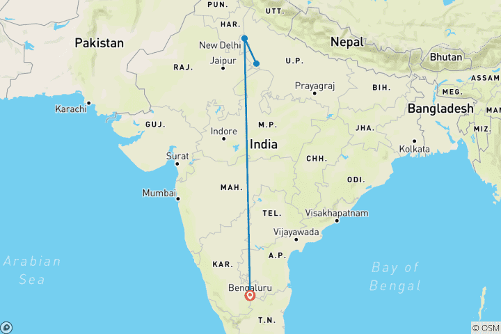 Carte du circuit Excursion privée de 2 jours au lever du soleil sur le Taj Mahal au départ de Bangalore : Hôtels de luxe, vols et billets d'entrée en ligne