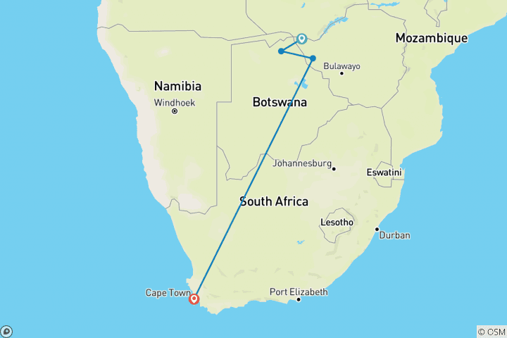 Map of Cape Town, Vic-Falls, Chobe and Hwange National Park