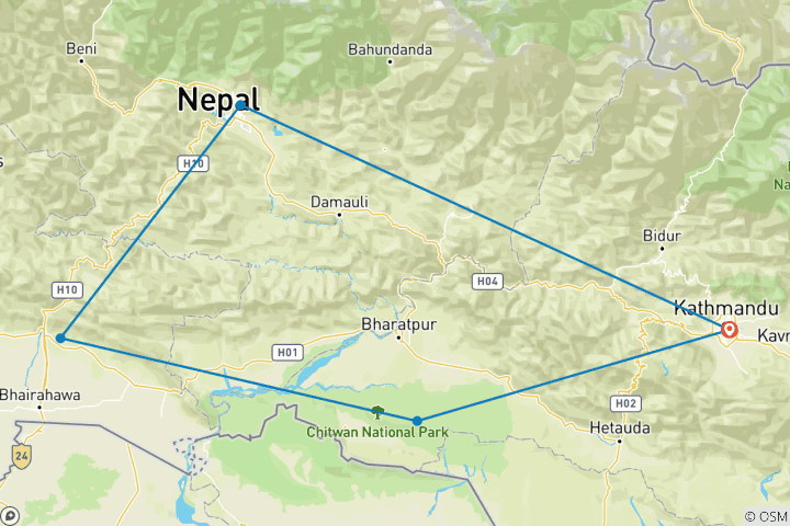 Kaart van Glimpse of Nepal Tour 8 Dagen (rondreis Kathmandu, Pokhara, Lumbini, Chitwan)