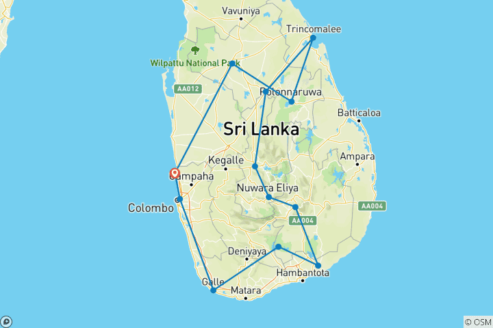 Carte du circuit Sri Lanka - Le bonheur du Sri Lanka - Circuit de 20 jours / 19 nuits