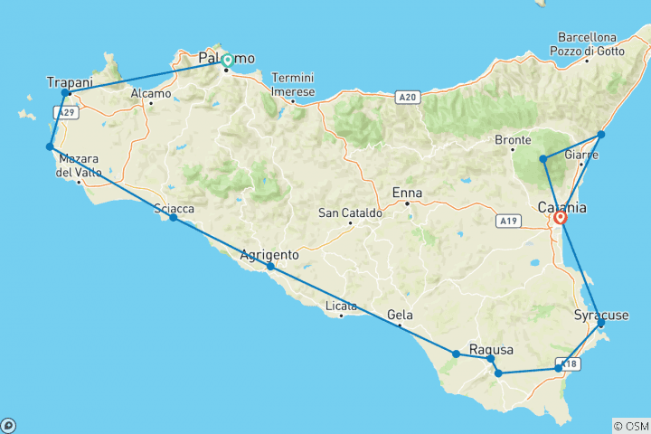 Map of Grand Tour of Sicily, from Palermo to Taormina