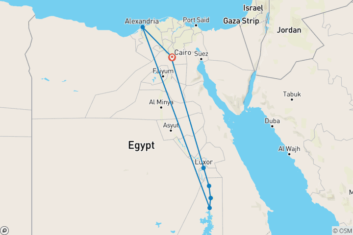 Kaart van 12 dagen Cairo, Alexandrië & Nijlcruise per vlucht (inclusief Kom Ombo)