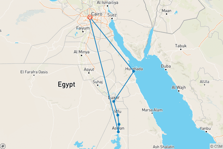 Kaart van 12 dagen Cairo, Nijlcruise & Hurghada vakantie (inclusief Kom Ombo)