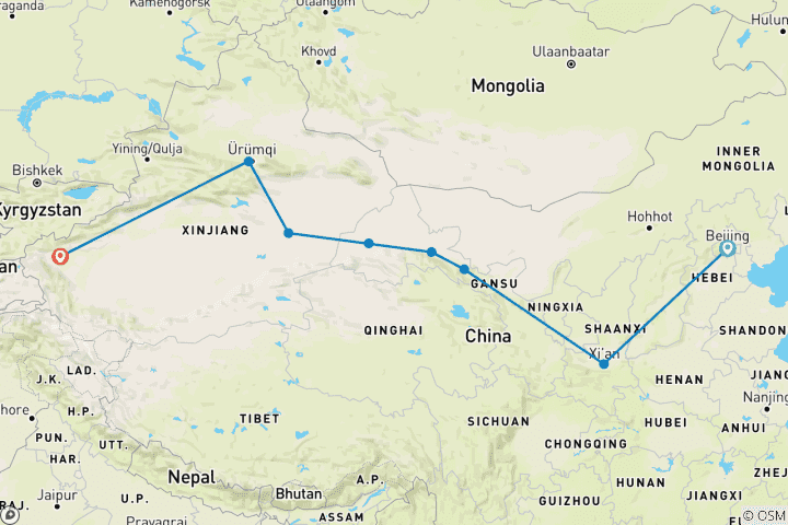 Map of Essential China Silk Road 12D: Xian, Zhangye, Jiayuguan, Dunhuang, Turpan, Kashgar