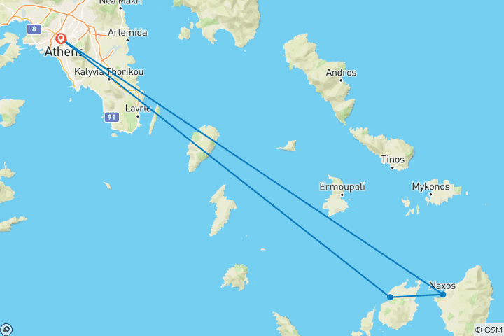 Karte von Inselhüpfen in Griechenland mit Athen, Paros & Naxos (Selbstversorger)