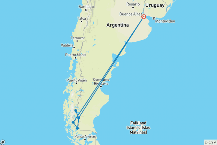 Mapa de Glaciares y excursionismo en Patagonia y panorama de Buenos Aires