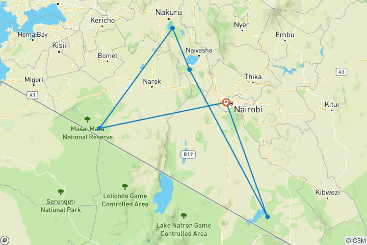 Mapa de Safari en grupo en jeep 4x4 7 días Jambo Kenia - Masai Mara - Nakuru - Hell's Gate y Amboseli