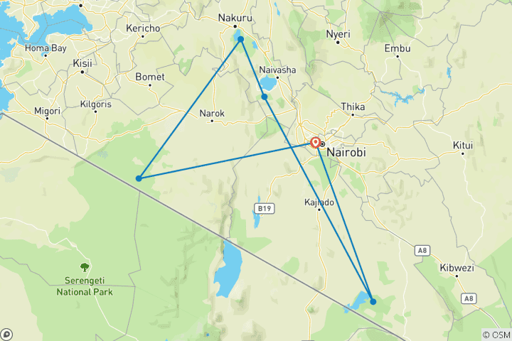 Map of 7 Days Jambo Kenya Budget Jeep  Safari - Masai Mara - Nakuru - Hell's Gate and Amboseli