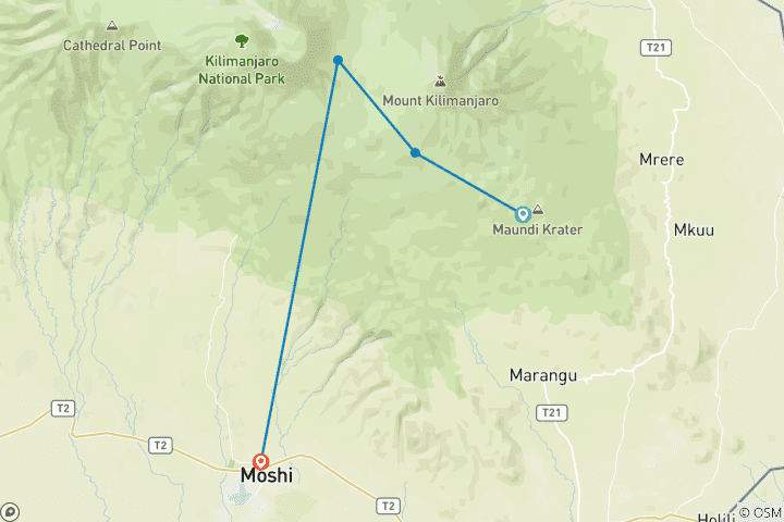 Kaart van Beste 5 dagen Kilimanjaro Marangu Route  – Goedkoopste prijs, geplande route&succespercentage.