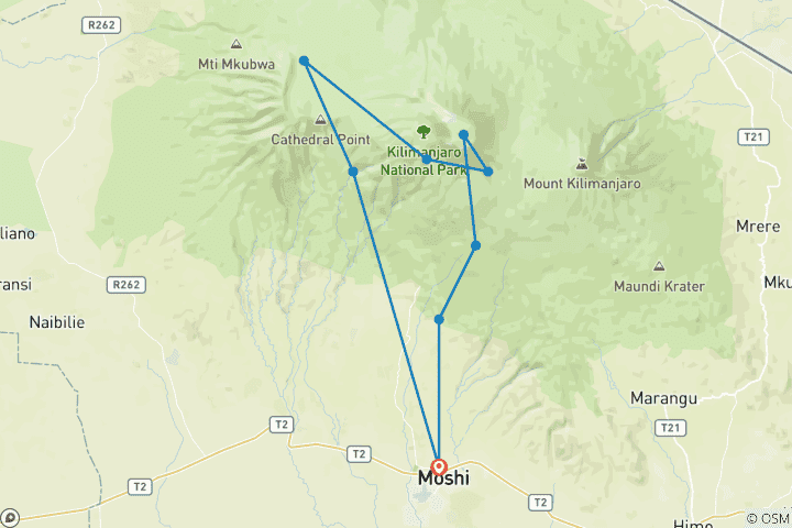 Carte du circuit Le meilleur circuit de 6 jours en groupe pour l'ascension du Kilimandjaro par la route Machame : Le prix le plus bas, un itinéraire et des dates soigneusement planifiés.