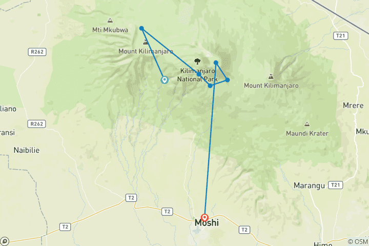 Map of Complete Itinerary 7-Day Kilimanjaro Machame route: Lowest Cost and Best Price.