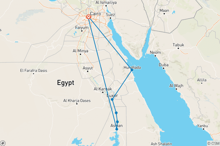 Kaart van 14 dagen Cairo & Hurghada en Nijlcruise naar Luxor en Aswan (inclusief Kom Ombo)