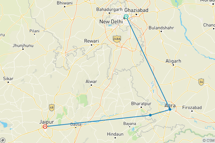 Carte du circuit Circuit du Triangle d'Or, le plus célèbre de l'Inde, 7 jours - Visitez le nord de l'Inde