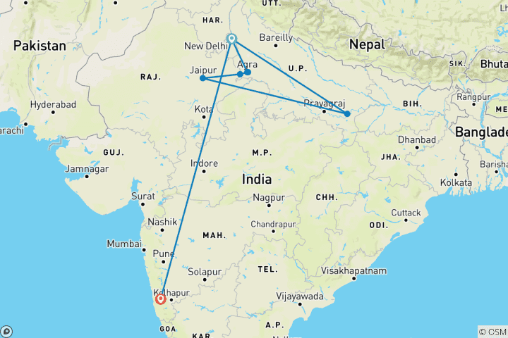 Map of North India Tour with Goa