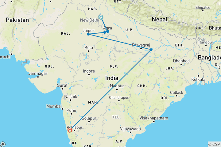 Map of North India Tour with Goa