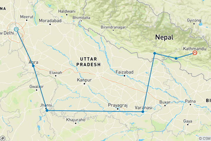 Map of Delhi to Kathmandu