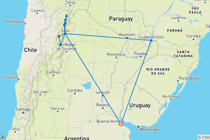 Map of Buenos Aires, Iguazu Falls, and Autotour in the Northwest of Argentina