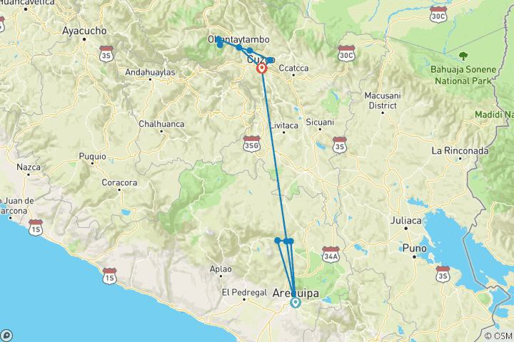Map of 6 days - Full package Arequipa to Cusco