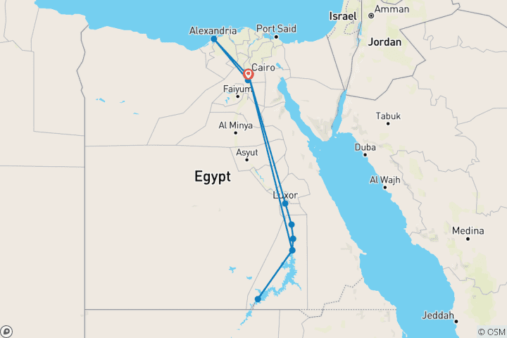 Kaart van 15 Dagen Caïro, Alexandrië, Abu Simbel, Nijlcruise & Luxor (12 bestemmingen)