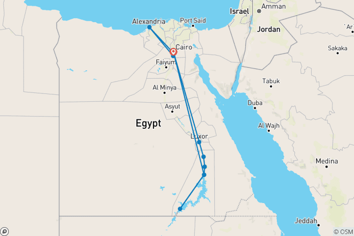 Map of 15 Days Cairo, Alexandria, Abu Simbel, Nile Cruise & Luxor (12 destinations)