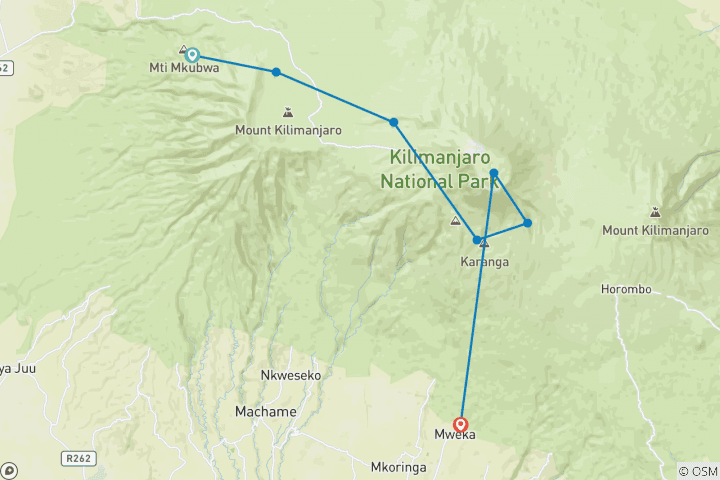 Map of Kilimanjaro Climb Lemosho Route 8 days