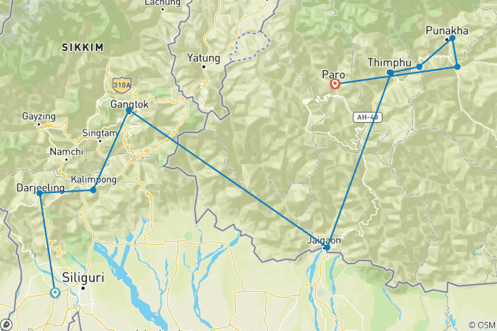 Karte von Nordostindien und Bhutan Rundreise