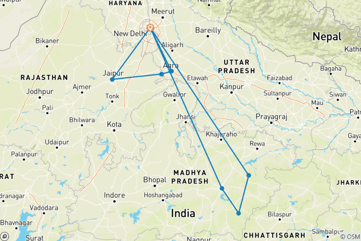 Map of India Tiger Tour with Golden Triangle