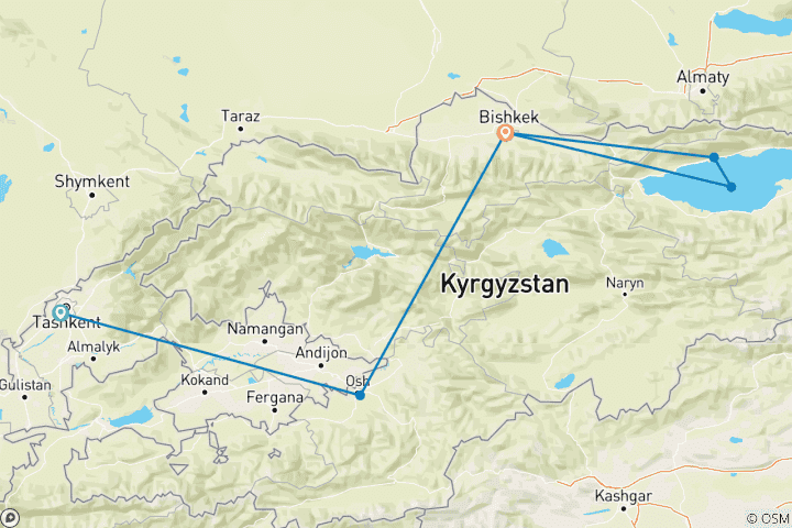 Map of Kyrgyzstan 5 Day Tour with Osh, Bishkek, and Issyk Kul