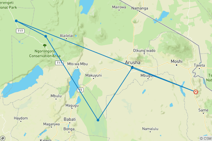 Map of 8-Day Luxury Wildebeest Migration River Crossing Tour in Tanzania